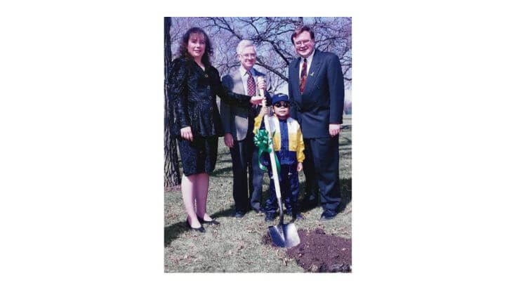 Breaking ground at Assiniboine Park for the Garden of Life during National Organ and Tissue Donation Awareness Week (NOTDAW), April 1997, with a donor mom and the provincial Health Minister.
