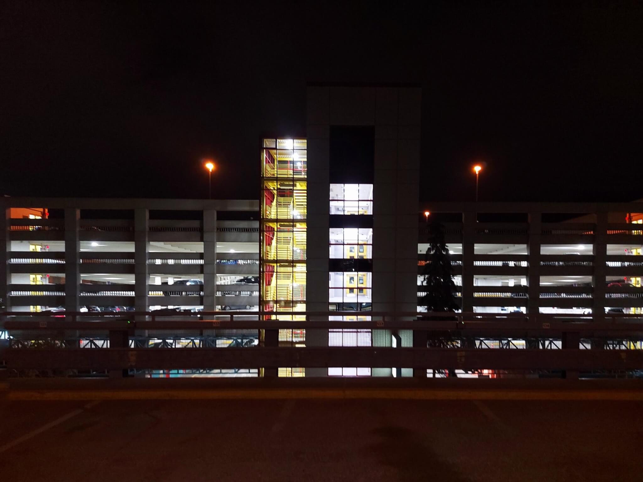 Picture of parkade at night highlighting the improvements to lights in the parkade. 
